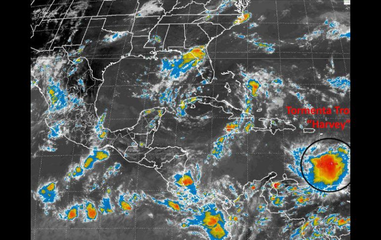 En el Océano Atlántico se ubica la tormenta tropical ‘Harvey’, que a las 16:00 horas se localizó en las Antillas Menores cerca de QR. TWITTER / @conagua_clima