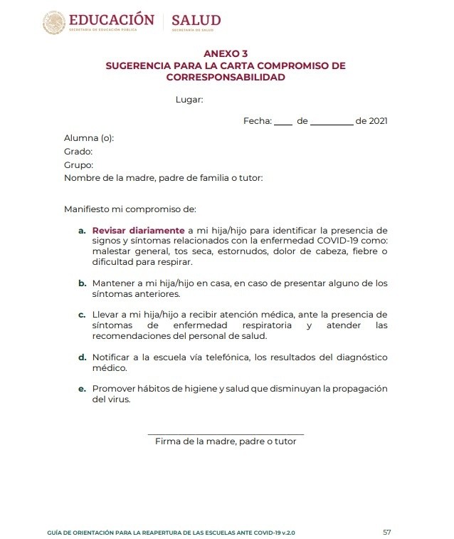 Carta Compromiso De La SEP Para El Regreso A Clases Presenciales El