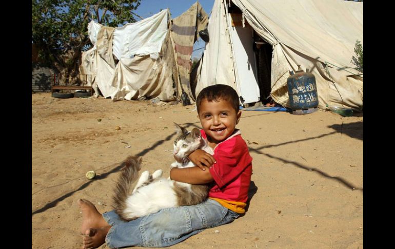 Un niño palestino, juega en la Franja de Gaza. La casa de campaña a sido su “hogar” desde que la ofensiva israelí atacó Palestina. AP  /