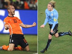 Mañana se enfrentarán el holandés Wesley Sneijder (izq.) contra el uruguayo Diego Forlan. AFP  /