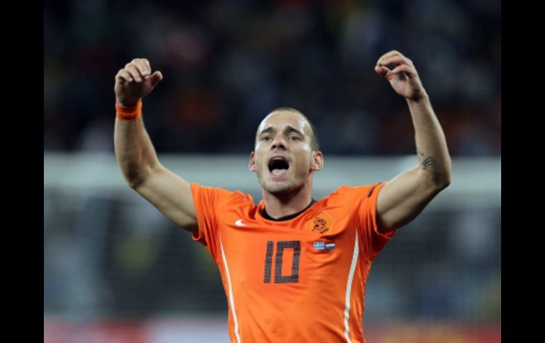 El jugador holandés Wesley Sneijder celebra el pase de Holanda a la final de la Copa del Mundo. EFE  /