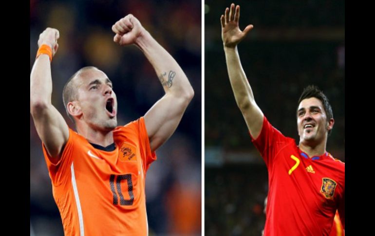 El domigo se debatirá la final entre estos grandes jugadores, Wesley Sneijder (izq.) y al español David Villa. EFE  /