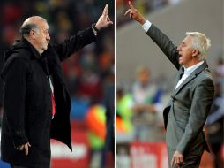 Los técnicos, Vicente del Bosque (izq.) y Bert van Marwijk. EFE  /