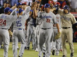 Los jugadores de la Liga Nacional celebran después del triunfo en el Juego de las Estrellas de la MLB. EFE  /