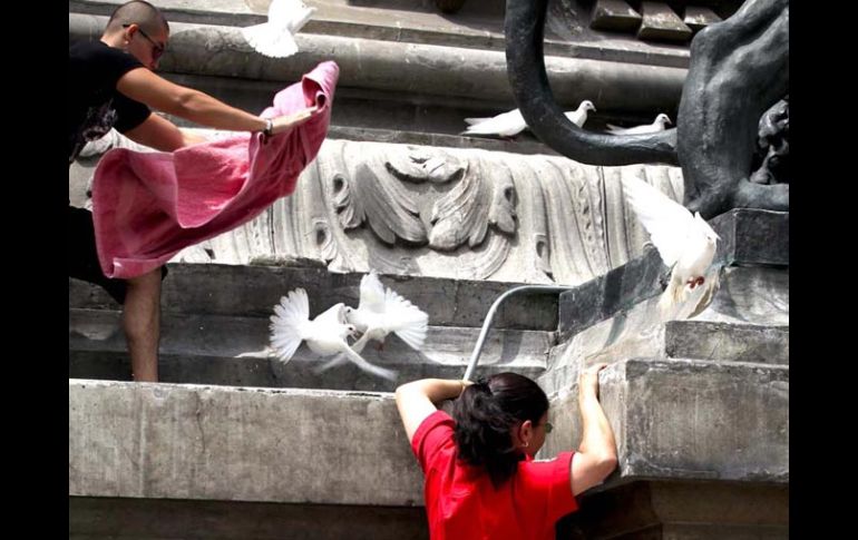 En el basamento del Ángel de la Independencia, decenas de palomas fueron soltadas durante las fiestas del Bicentenario. EL UNIVERSAL  /