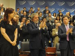 Los presidentes de Argentina, Brasil y Colombia durante el homenaje en Georgetown en memoria del finado Néstor Kirchner. REUTERS  /