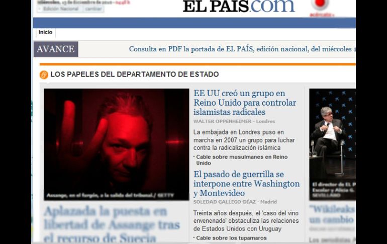 El portal de El País es uno de los que ha publicado los cables diplomáticos filtrados. ESPECIAL  /