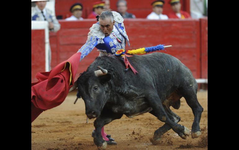 Rodofo Rodríguez, 'El Pana', lidia al primer toro de la tarde, 'Galán', de 478 kilogramos. EFE  /