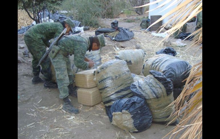 Los soldados localizaron 600 kilos de mariguana abandonada en la comunidad de Apozolco. ESPECIAL  /