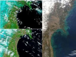 Imágenes del litoral oriental de Japón. La superior izq. fue tomada el 26 de febrero y la inferior izq., el 12 de marzo. AFP-NASA  /