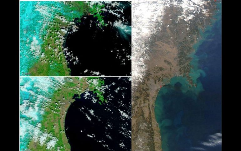 Imágenes del litoral oriental de Japón. La superior izq. fue tomada el 26 de febrero y la inferior izq., el 12 de marzo. AFP-NASA  /