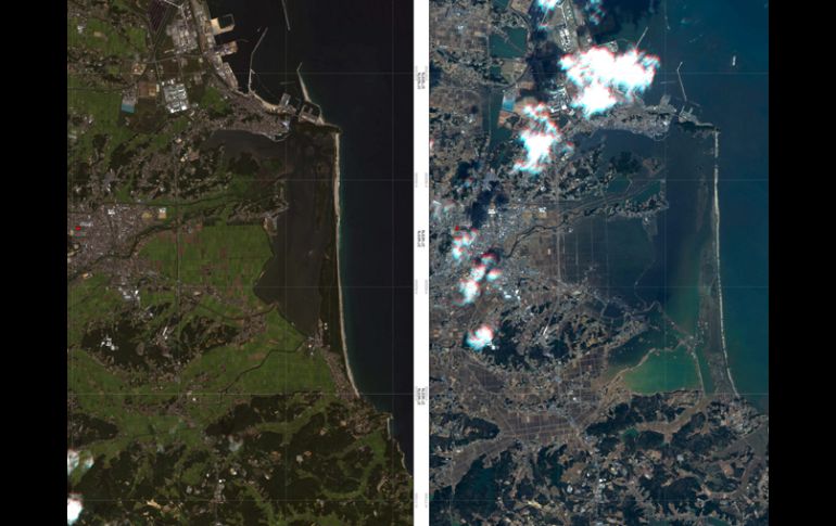 Muestran la zona de la ciudad de Soma y sus alrededores, antes y después del tsunami. EFE  /