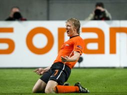 El jugador Dirk Kuyt de Holanda celebra un gol ante Hungría. EFE  /