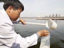 Un investigador toma una muestra de agua, para realizar un control de radiactividad. EFE  /