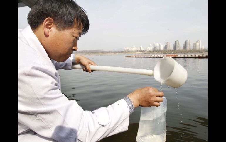 Un investigador toma una muestra de agua, para realizar un control de radiactividad. EFE  /