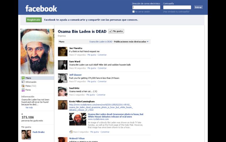 En la fotografía se observa una imagen del sitio en Facebook ''Osama Bin Laden is DEAD''. ESPECIAL  /