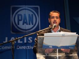 El presidente del PAN Jalisco, Hernán Cortés Berumen, en la Asamblea llevada a cabo en el Auditorio Telmex. A. CAMACHO  /