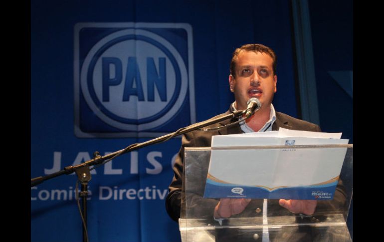 El presidente del PAN Jalisco, Hernán Cortés Berumen, en la Asamblea llevada a cabo en el Auditorio Telmex. A. CAMACHO  /