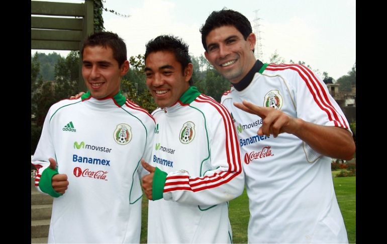 Paul Aguilar, Marco Fabián y Jonny Magallón durante una sesión de entrenamiento con la Selección Sub-22. MEXSPORT  /