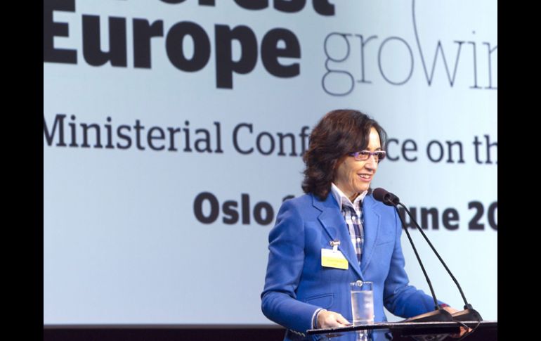 La ministra española pronuncia su discurso durante la inauguración de la conferencia ministerial 'Europa Forestal'. EFE  /