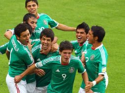 Jugadores de la Selección mexicana Sub-17 celebrando, durante partido del Mundial Sub-17 en Pachuca. MEXSPORT  /