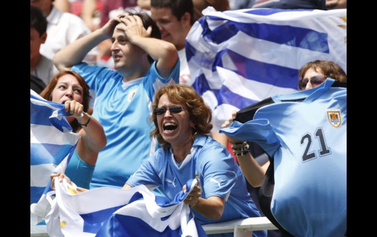 Aficionados uruguayos celebran una anotación de su equipo ante Brasil. EFE  /