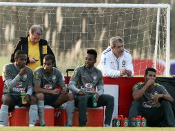 Los jugadores de la selección de fútbol de Ramires, Lucas Moura, Robinho y André Silva hoy durante el entrenamiento en Los Cardales.EFE  /