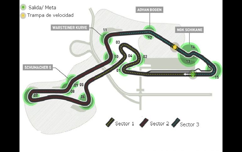 Disposición de la pista para el Gran Premio en Nürburgring, Alemania. ESPECIAL  /