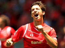 Isaac Brizuela celebra el gol que le da el triunfo a Toluca ante el Atlante durante patido de la sexta Jornada del Apertura. MEXSPORT  /