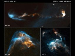 Fotografías tomadas por el telescopio Hubble de grandes chorros de gas incandescente que expulsan las estrellas jóvenes. EFE  /