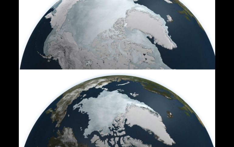 La imagen de arriba, cuando el océano alcanzó su extensión máxima este año. La de abajo, la mínima. EFE  /