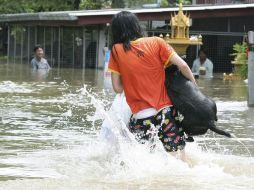 Una mujer sostiene a su perro mientras camina por una calle inundada. EFE  /