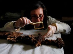 Hannah Cobb, profesora de Arqueología, examina la espada encontrada en la tumba vikinga. REUTERS  /