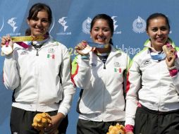 Las arqueras mexicanas Mariana Avitia, Aida Roman y Alejandra Valencia ganaron la medalla de oro en tiro con arco por equipos. NTX  /