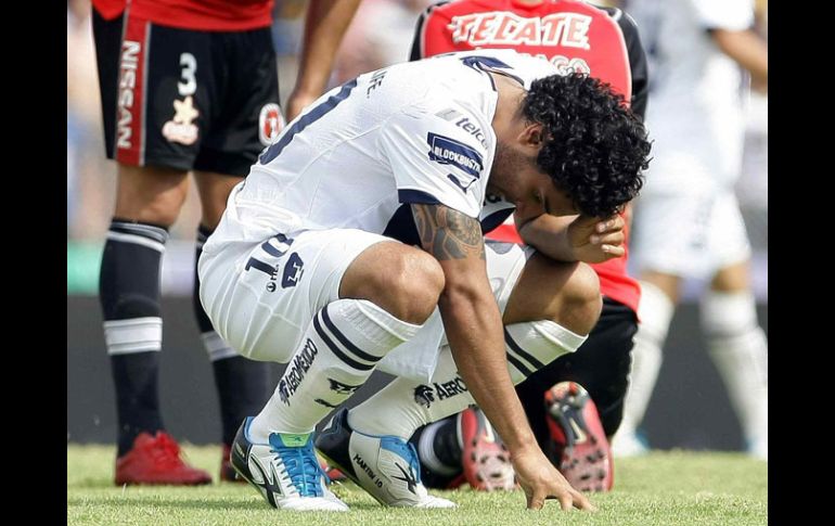 Martín Bravo, de Pumas, falló dos claras opciones de gol, ayer ante Xolos en CU. MEXSPORT  /