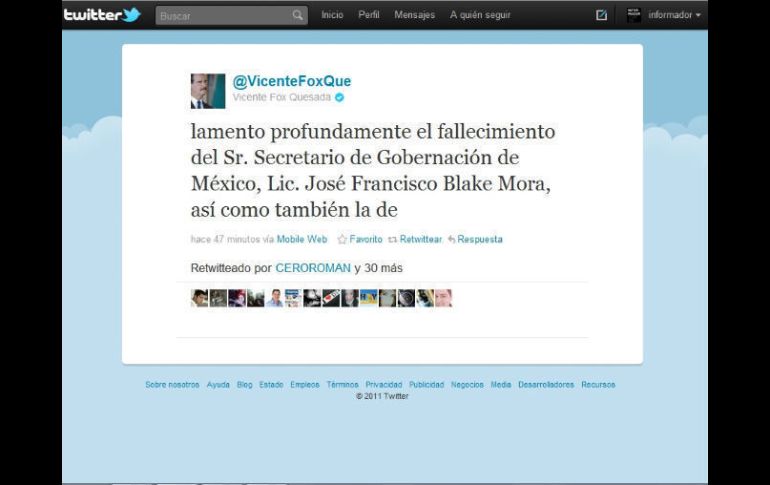 El ex Presidente Vicente Fox publicó en su cuenta de Twitter,  @VicenteFoxQue, las conodolencias por la muerte de Francisco Blair.  /