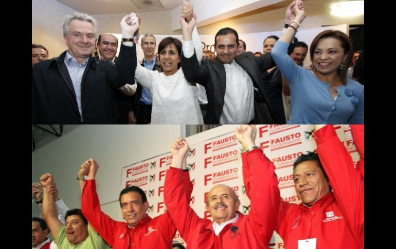 Amparados por líderes partidistas, Luisa María Calderón y Fuasto Vallejo celebraron sus rspectivos 'triunfos'. NOTIMEX-EFE  /