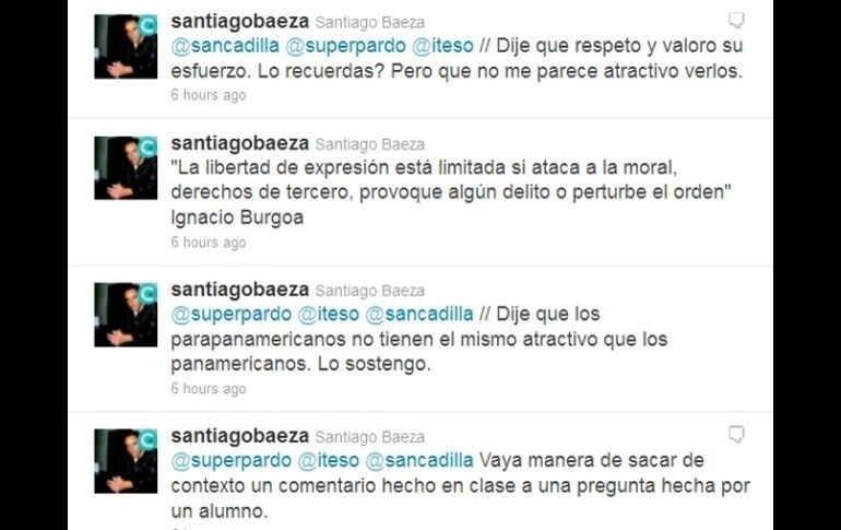 Algunas de las respuestas de Santiago Baeza en Twitter a críticas.  /