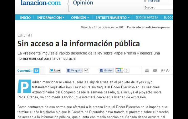 La editorial fue publicada hoy en el portal oficial de La Nación. ESPECIAL  /