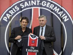 Leonardo, gerente del PSG y el nuevo técnico Carlo Ancelotti. EFE  /