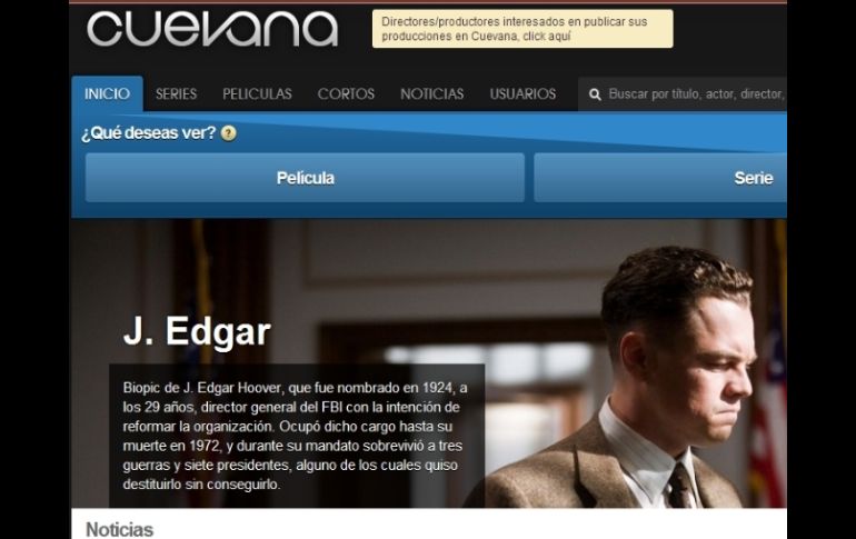 Portada de la página Cuevana.com que sigue en funcionamiento tras el arresto de un administrador. ESPECIAL  /