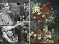 Bajo una naturaleza muerta con flores, se encuentra la pintura de dos contendientes, ambas de el pincel de Van Gogh. ESPECIAL  /