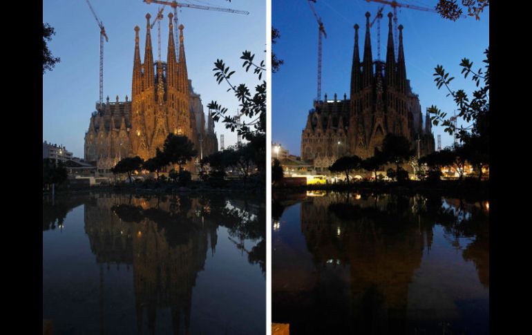 La Sagrada Familia de Barcelona: Con iluminación artificial y durante la Hora del Planeta, sólo con la luz de su majestuosidad. EFE  /