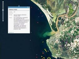 En la imagen, captura de pantalla del mapa de Oceana donde se aprecia sedimentos en la costa de Cádiz. EFE  /