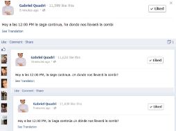 Vista de los mensajes publicados en la página de Facebook de Quadri. Arriba el que fue publicado primero. ESPECIAL  /