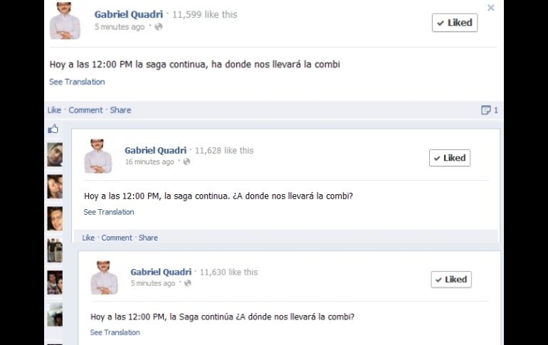 Vista de los mensajes publicados en la página de Facebook de Quadri. Arriba el que fue publicado primero. ESPECIAL  /