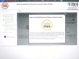 Así luce hoy la web de Infomex Jalisco, con la advertencia acerca de los cambios de la nueva Ley de Información estatal.ESPECIAL  /