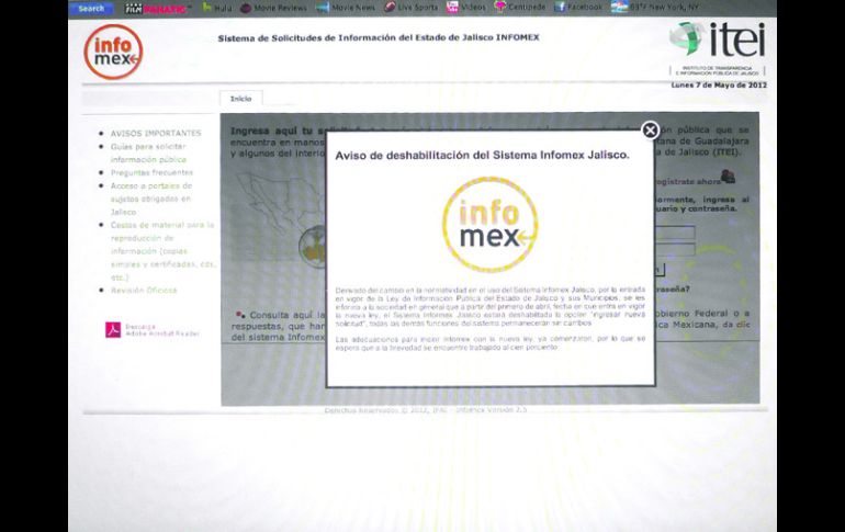 Así luce hoy la web de Infomex Jalisco, con la advertencia acerca de los cambios de la nueva Ley de Información estatal.ESPECIAL  /