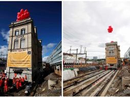 Secuencia de imagenes donde se aprecia el movimiento del edificio logrado hasta el segundo día de labores. REUTERS  /