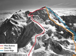 Para llegar al campamento de los 14, los jóvenes siguieron la ruta West Buttress (roja) que se muestra en la imagen. ESPECIAL  /